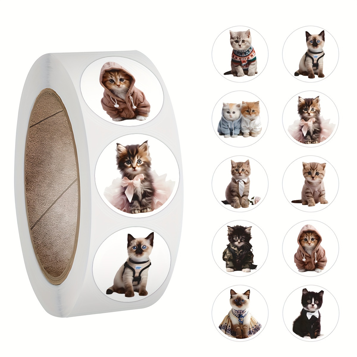 

500pcs Cat In Clothes Vinyl Stickers Roll - Cartoon Anime Decals For Scrapbooking, Journaling, Laptops, , Skateboards, Water Bottles, Phones, Computer, Bumper