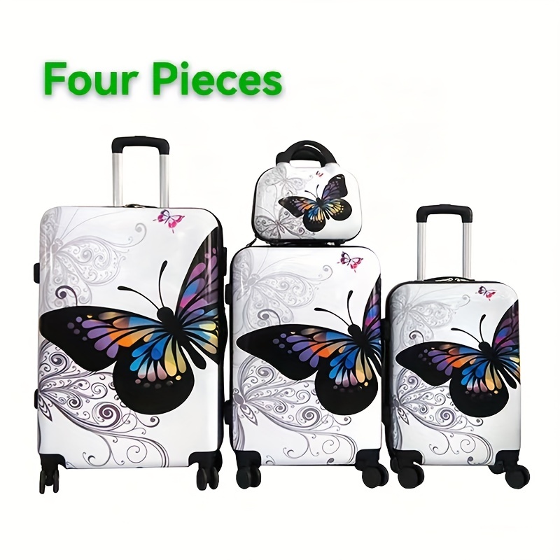 TEMU -themed Hardshell Luggage Set Of 4, Abs Framed Backpacks For Middle With Utility Pocket, Applique Embellishment, Pink Cartoon Pattern, Hip