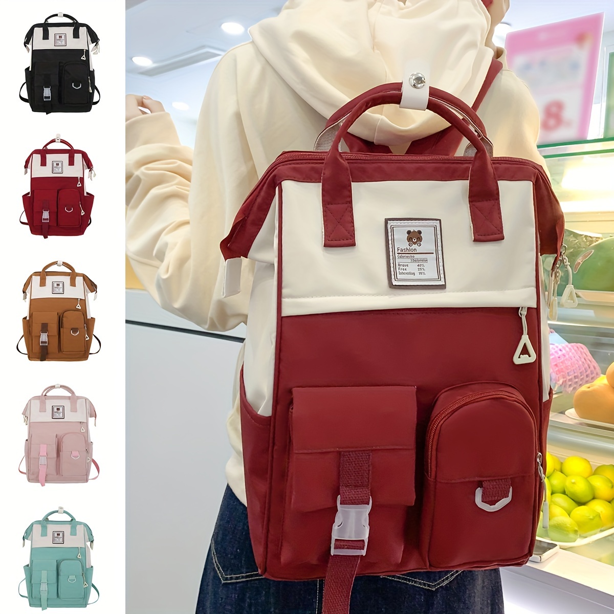 

Japanese-style Preppy School Backpack, Large Capacity Colorblock Daily Use School Rucksack For Women