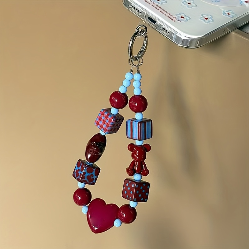 TEMU 1pc Korean Style Ins Square Red And Blue Contrast Geometric Phone Chain, Cute Bear Pendant Ccd Accessory, Phone Accessory, Cute Phone Accessory, Cute