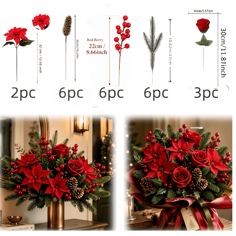 TEMU 23pcs European And American Rustic Vintage Style Christmas Floral Decorations - Burgundy Mixed Roses With Pine Branches, Red Berries, And