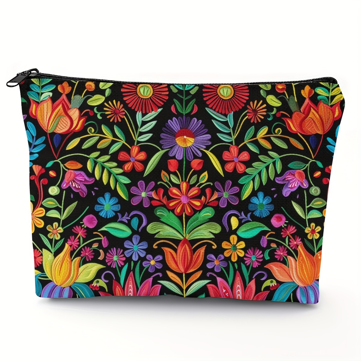 

1pc Mexican Floral Makeup Pouch, 14x22cm, Lightweight Polyester, Zipper Closure, , Hand Wash, Travel Toiletry Bag For Women