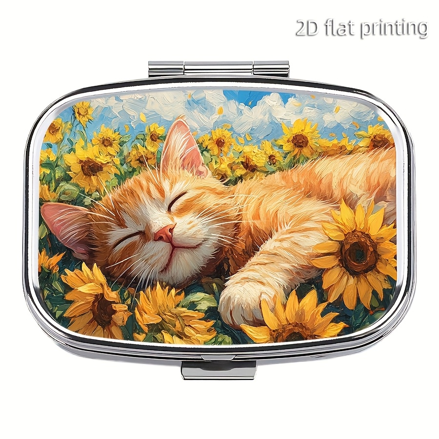 Image of 1pc Sunflowers And Cats Pill Box - 2-compartment Mini Portable Medicine Organizer, Pocket-sized Vitamin Holder For Purse Or Travel, Pill Box For Purse
