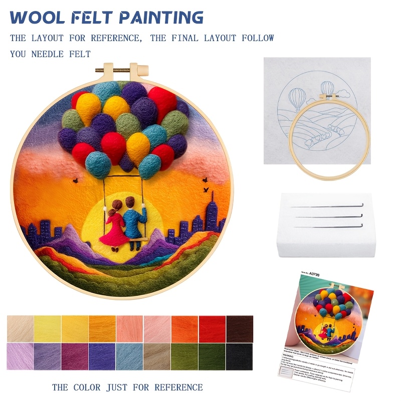 TEMU 1 Set Kit de Fieltro con Agujas Romántico y Libre | Lana, Herramientas y Aro de Bordado, Adecuado para Principiantes, Regalo , Decoración del