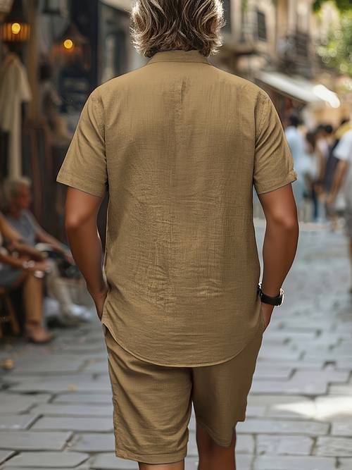 100 mens casual 2pcs set with a relaxed filter comfortable and breathable shirt showcasing loose shorts pure fabric sweat absorbing and soft easy shirt and shorts one click to unlock free sweat resistant