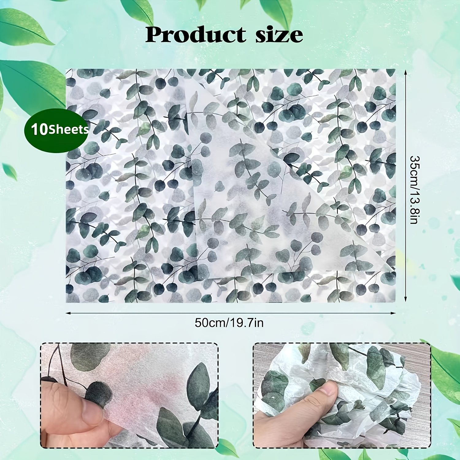 

10-piece Eucalyptus Print Tissue Paper - Green Botanical Gift Wrap For Weddings, Birthdays & Crafts