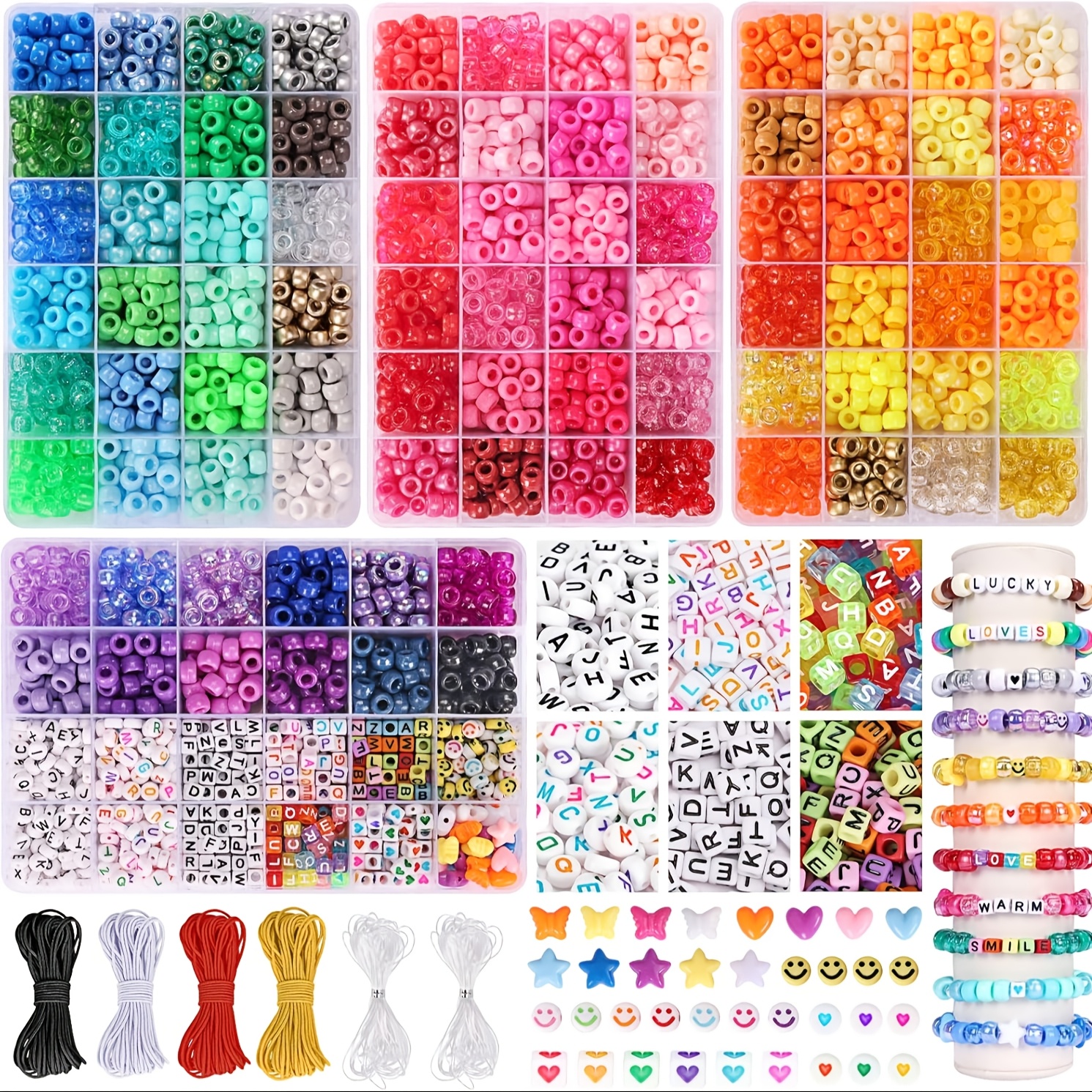 

4900pcs Beads Kandi Beads Set, 3780pcs Rainbow Hair Accessories Beads, 1080pcs Alphabet And Thread For Bracelet Jewelry Making