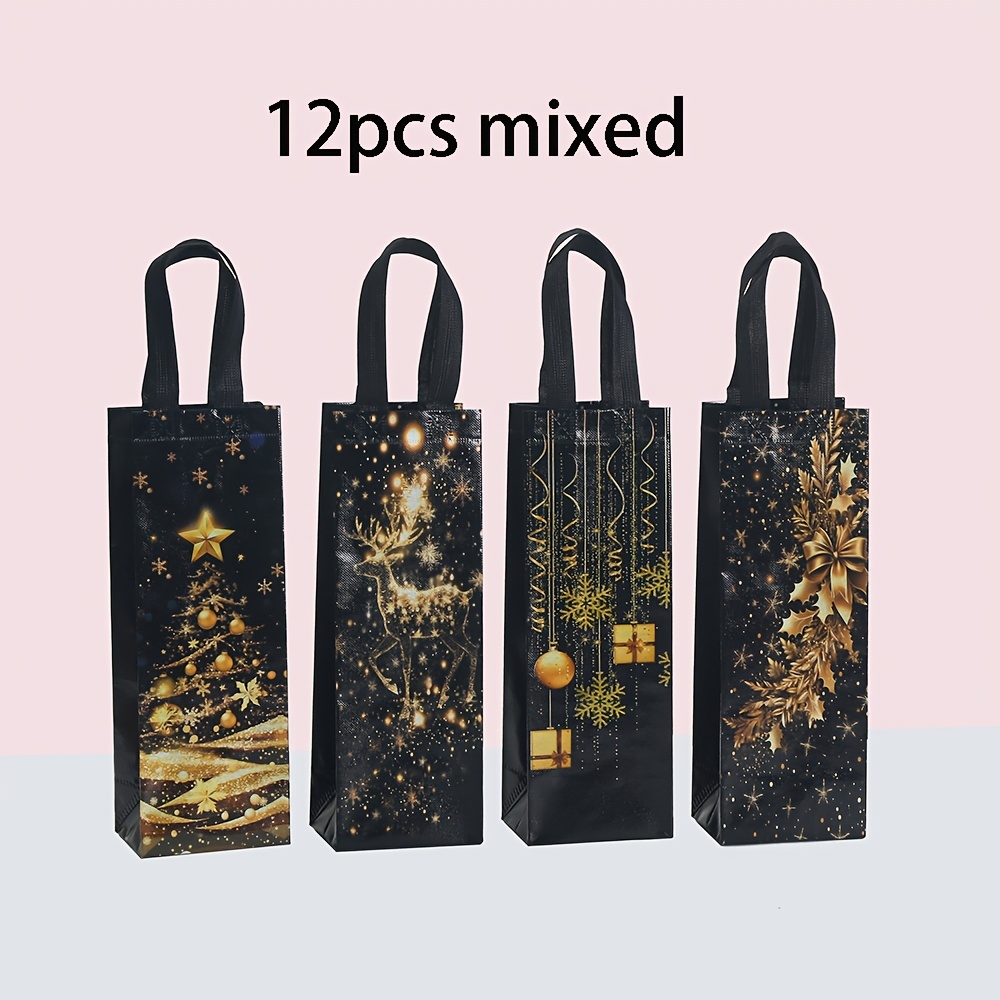 TEMU Sacs cadeaux noirs et dorés en non-tissé pour Noël, sacs cadeaux à motif d'arbre de Noël avec poignées, sacs en non-tissé pour Noël, les fêtes