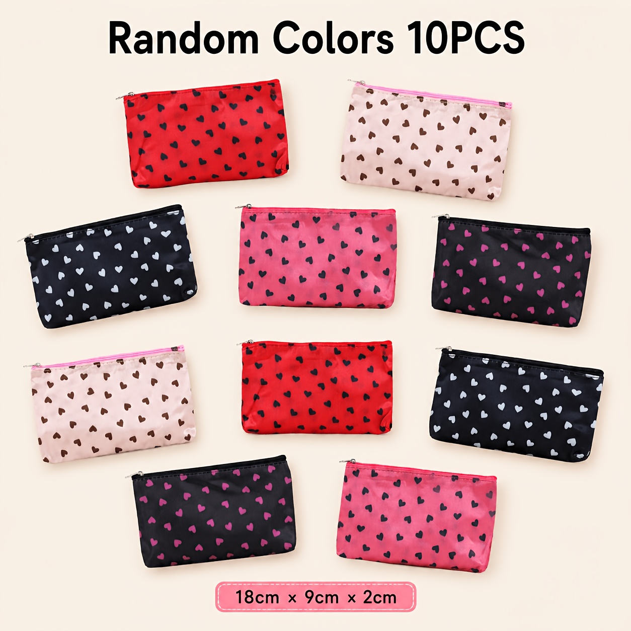 TEMU Ensemble de 10 trousses de Cosmétique à motif cœur, pochette à fermeture éclair de couleur aléatoire, petite trousse de rangement légère et