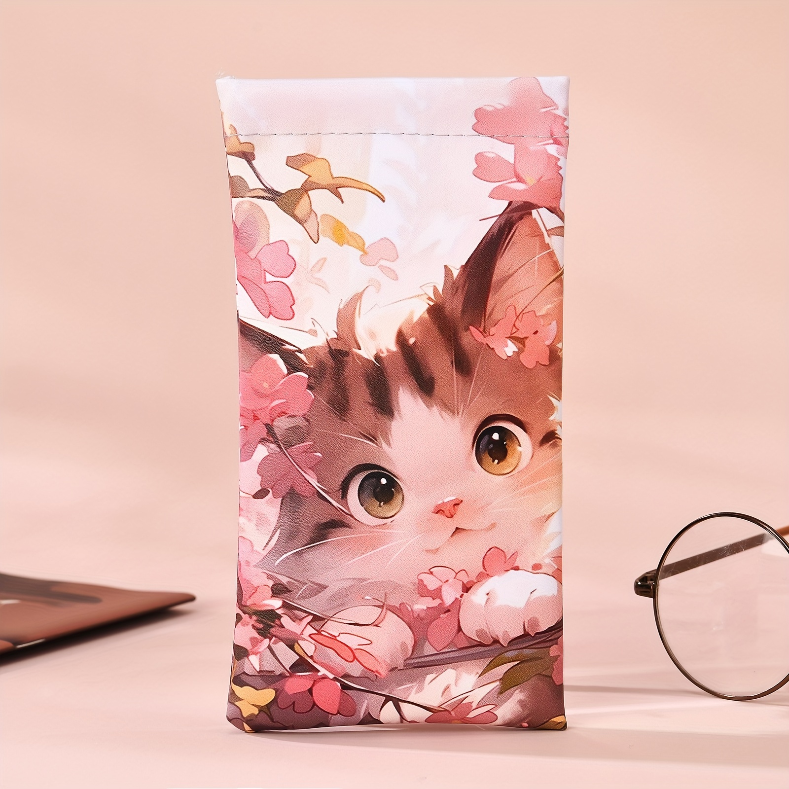 1pc Sweet Cat Print Soft Eyeglass Case, Cute Glasses Pouch