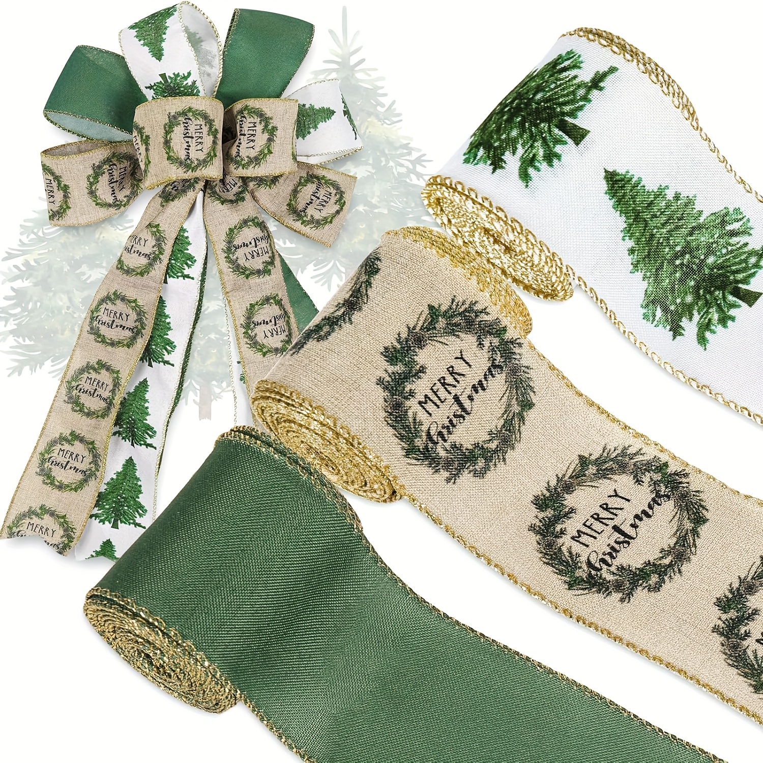 Image of 3 Rolls White Green Golden Glitter Edge Ribbon Suitable For Christmas, Diy Crafts, Wreaths & Bows - 2.5-inch Wide Sewn Edging Ribbon, Fabric With Tree Decorations