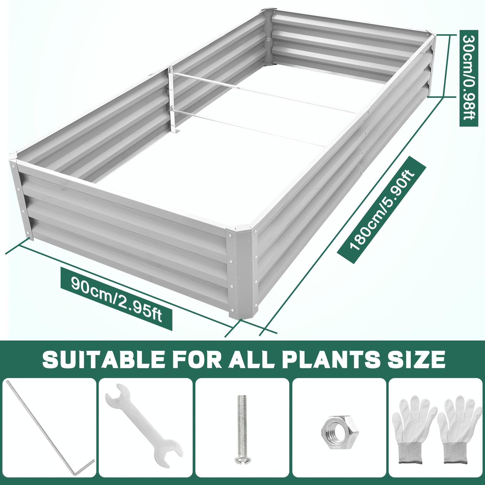TEMU Rectangular Galvanized Metal Planter | Raised Garden Bed For Vegetables, Flowers & Herbs, Anti-rust & Easy Setup, 180x90x30cm, Green/silver,