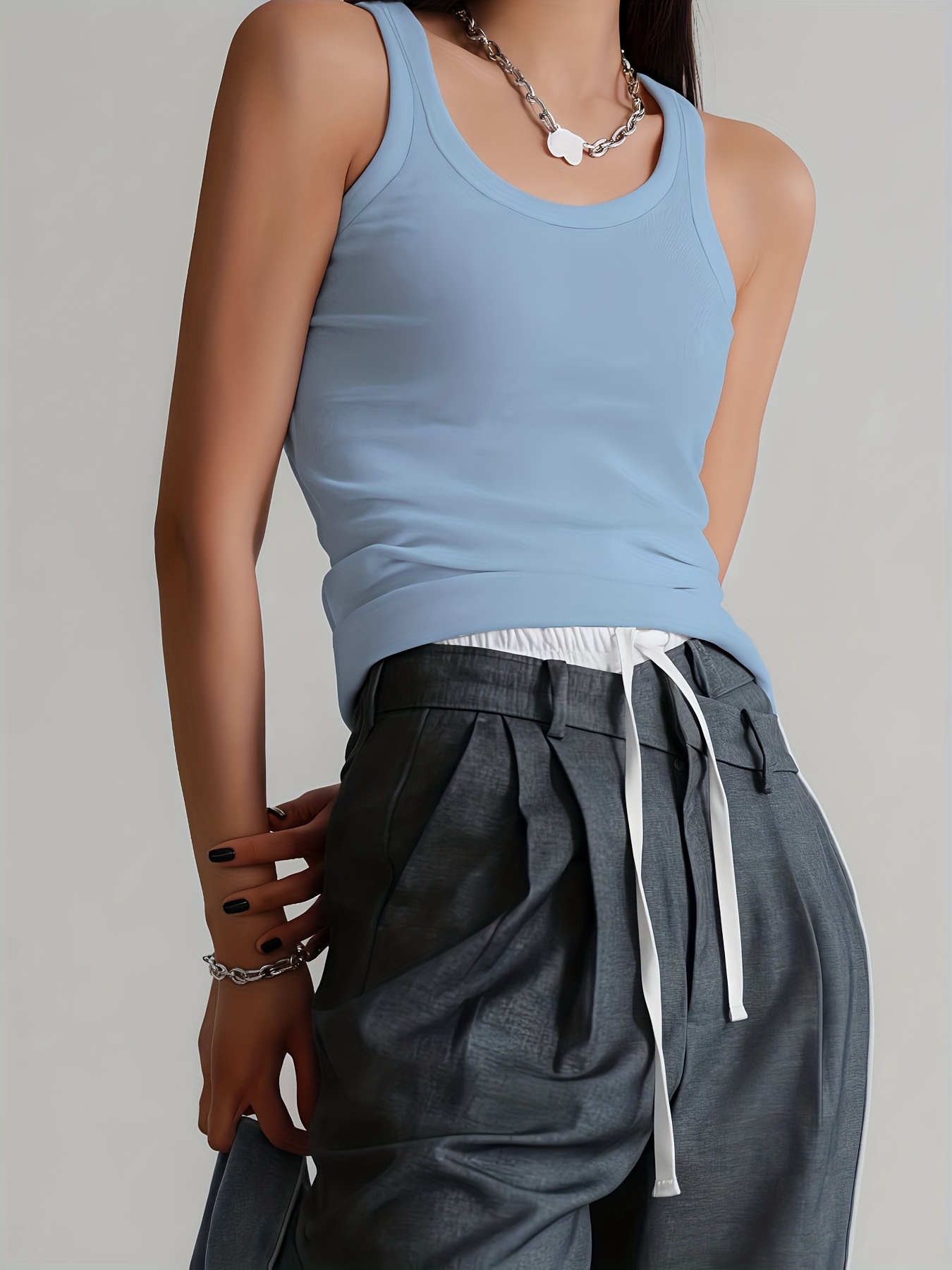 Women'S Vintage-Inspired Ribbed Tank Top Breathable Sleeveless Round  Neck, Solid Purple Versatile Casual Wear