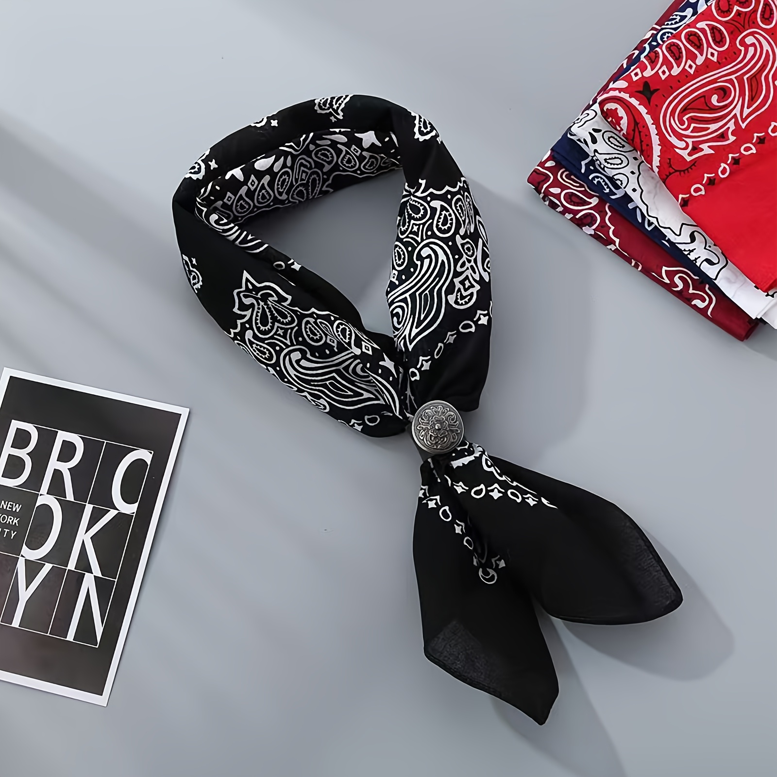 TEMU Western Style Bandana Scarf Set With Antique Silvery Floral , Black Paisley Pattern, Scarf Ring, Square Scarf And Scarf Ring, Handmade Square