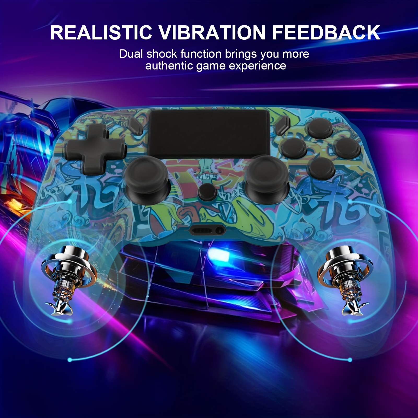 Wireless Game Controller with Graffiti Design, 600mAh Long Battery Life, Wireless, Motion Sensing, Ergonomic Grip for PS3, PS4, PC - Vibrant Colors, Rechargeable Lithium-Polymer Battery, Pc Gaming Peripheral | Vibrant Design | Multifunctional Device
