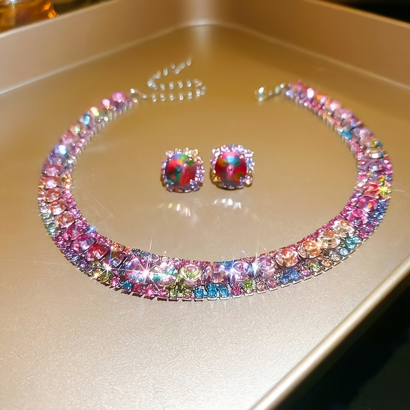 TEMU Ensemble élégant et luxueux de 2 pièces : collier et boucles d'oreilles colorés, un accessoire de chaîne de clavicule stylé et sophistiqué,