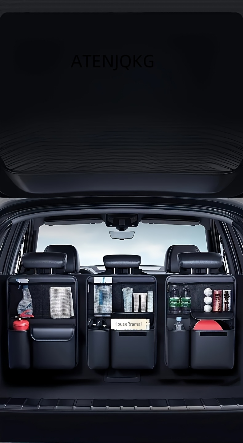 ATENJQKG Car Trunk Organizer with Multi-Compartment Storage, Ergonomic Design for SUVs & Sedans - Durable Black Car Interior Accessory for Travel Organization, Road Trip Essentials, Spacesaving Solution, Sturdy Construction, Vehicle Storage, Road Trip Lovers