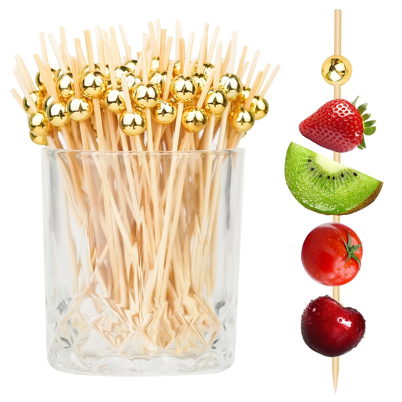Bamboo Skewers With Golden-tone Pearls, Bamboo And Wood Fruit And Cake Picks, Appetizer Picks, Suitable For Birthday, Party, Graduation, Anniversary, De Mayo, , And Christmas, Halloween Decorations