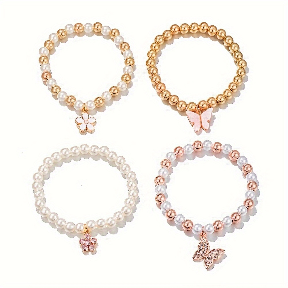 set of 4 charming butterfly and daisy heart pendant bracelets faux pearl beads perfect and exquisite jewelry gifts   designed for cute girls details 0