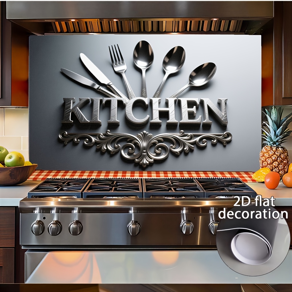 TEMU 2d Flat 1pc Modern Kitchen Wall Sticker - Self-adhesive Pvc Wall Sticker With "kitchen" Letters And Utensil Design, Matte Surface, Easy To Stick