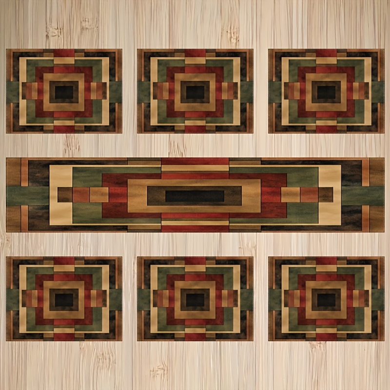 TEMU 7pcs Geometric Tablecloth And Placemat Set, Featuring A Lattice Main Pattern And Geometric Art, Suitable For Daily Dining Room Decoration
