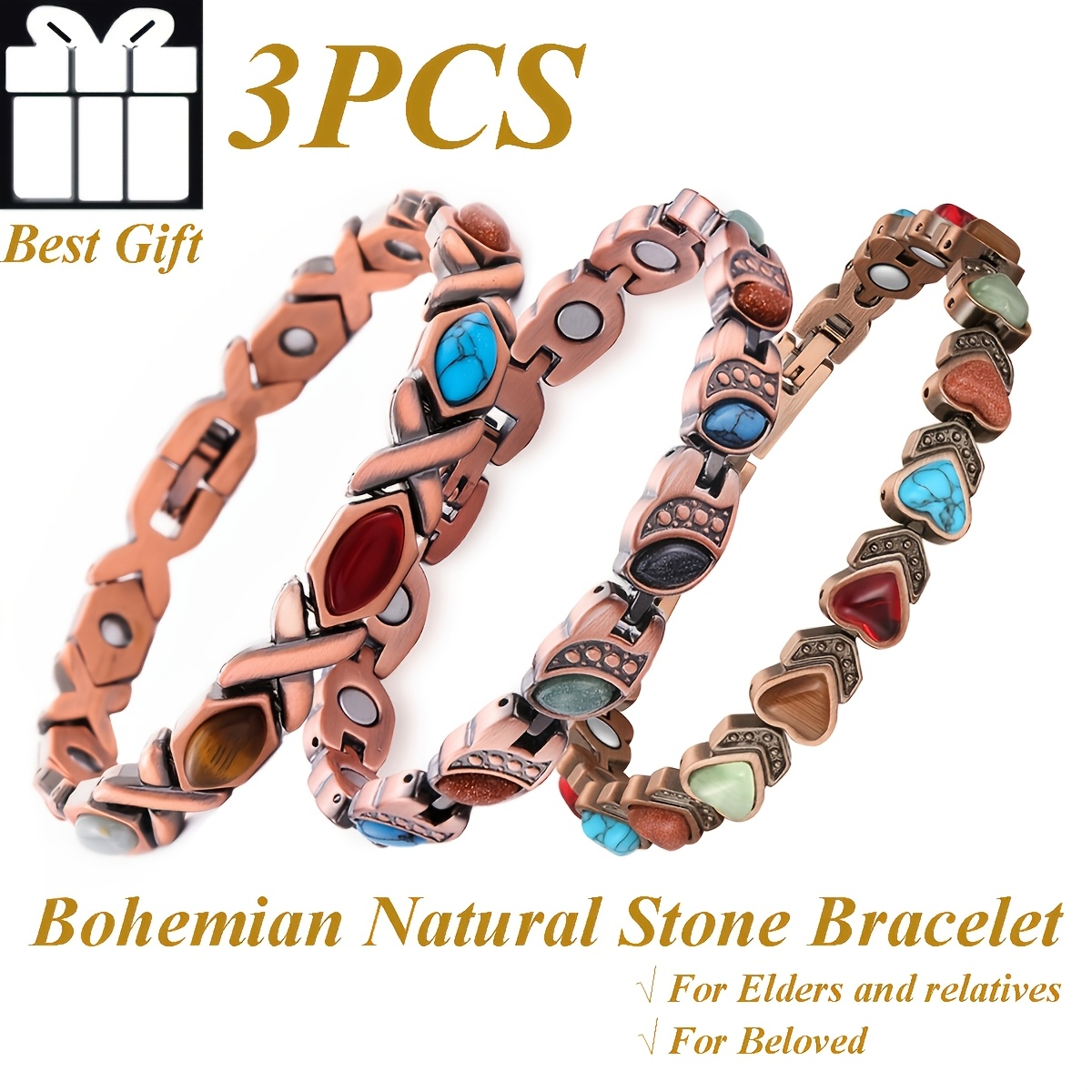 TEMU 3pcs Bohemian Pure Copper Magnet Bracelets, Heart, Oval, Shape Malachite Bracelet Set, Pure Copper Material, Waterproof And Sweatproof,
