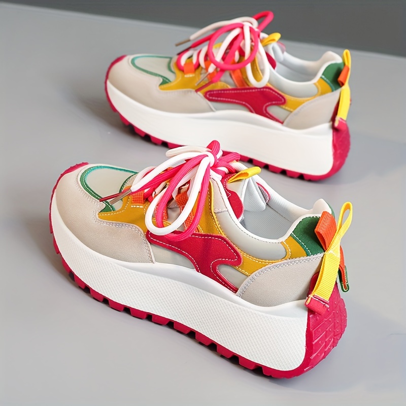 New Women's Dad Shoes 2024 Autumn Height-Increasing Casual Breathable Thick-Sole Red Color-Block Travel Versatile Shoes, Women Shoes, Sneakers