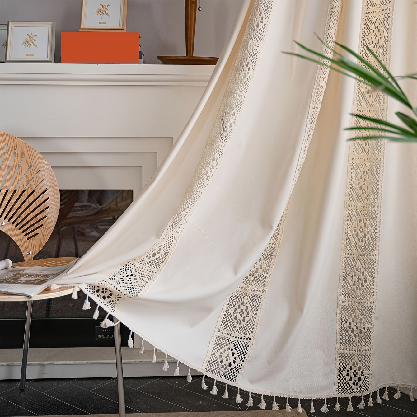 Image of 1pc Boho Semi Blackout Curtains, Cream Crochet Square Lattice Living Room Bedroom Bay Window Kitchen Rod Pocket Farmhouse Beige Tassel