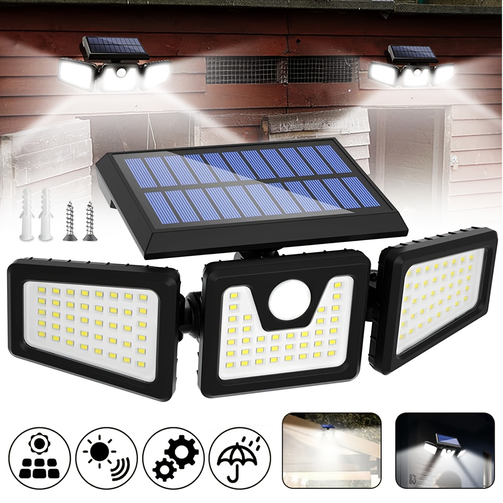 TEMU Solar Lights Outdoor, 1 Pack 74 Led 650lm Cordless Led Solar Motion Sensor Lights; 3 Adjustable Heads, Wide Angle , Security Led Flood Light