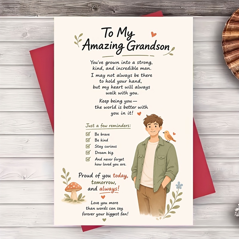 TEMU 1 Envelope, 1 Card: An Inspirational Greeting Card For A Grandson, Containing Encouraging Messages. Suitable For Birthdays, Graduations, Or