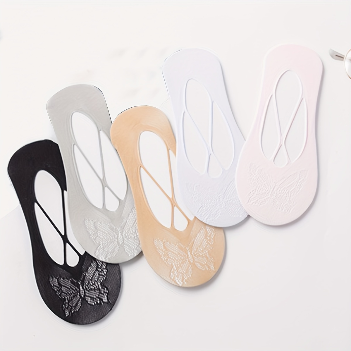 E-shop 5 Paar Schmetterlingsmuster Runde Zehenpartie Unsichtbare Socken Damen Anti-Rutsch Unsichtbare Socken Flache Zehenpartie Socken