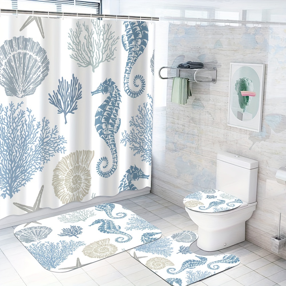 

1/4pcs Shell Coral Seahorse Pattern Shower Curtain Set, Shower Curtain With 12 Hooks, Non-slip Bath Mat, U-shaped Toilet Mat, Toilet Mat, Bathroom Accessories, Home Decor
