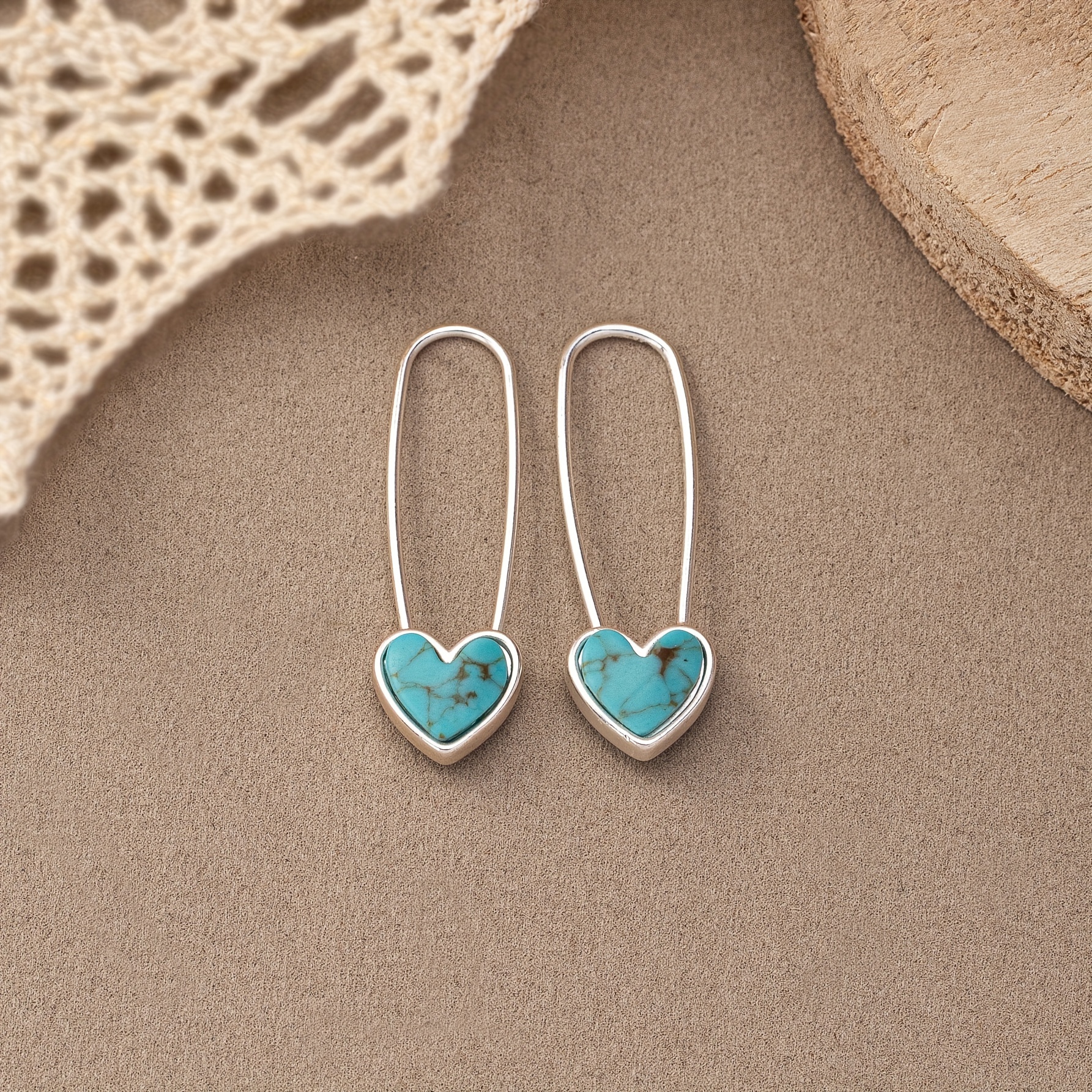 TEMU 1 Pair Bohemian Style Fashion Creative Heart Turquoise Easy Design Aesthetic Cold Style Women's Earrings, Suitable For Vacation And Daily Wear