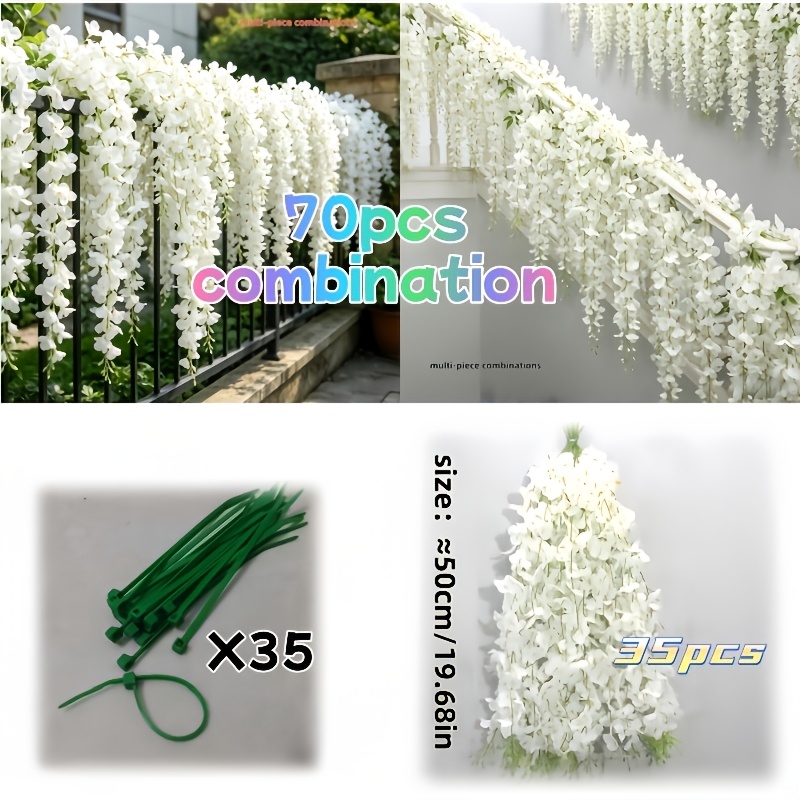 TEMU 70 pièces (35 tiges en rotin + 35 attaches) de fleurs de artificielles avec attaches, pour décoration suspendue intérieure/extérieure/blanc