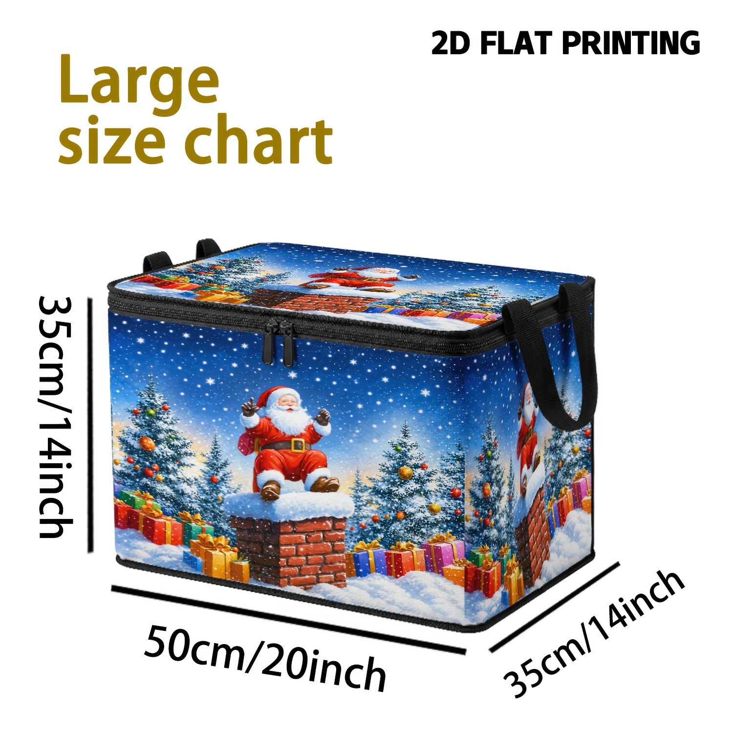 TEMU 1-pack Santa Claus Snow Scene Pattern Clothing Sorting Storage Box With Zippered Top Lid And Handle, Suitable For Organizing Worn Clothes,