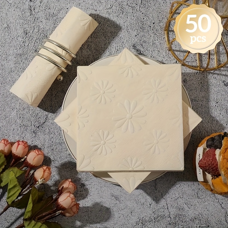 Image of 50pcs/100pcs, Beige 3d Embossed Daisy Printed Napkins, 2-ply Soft Napkins, Suitable For Party Gatherings, Weddings And Celebrations, Decoration Napkins, Size 25x25cm
