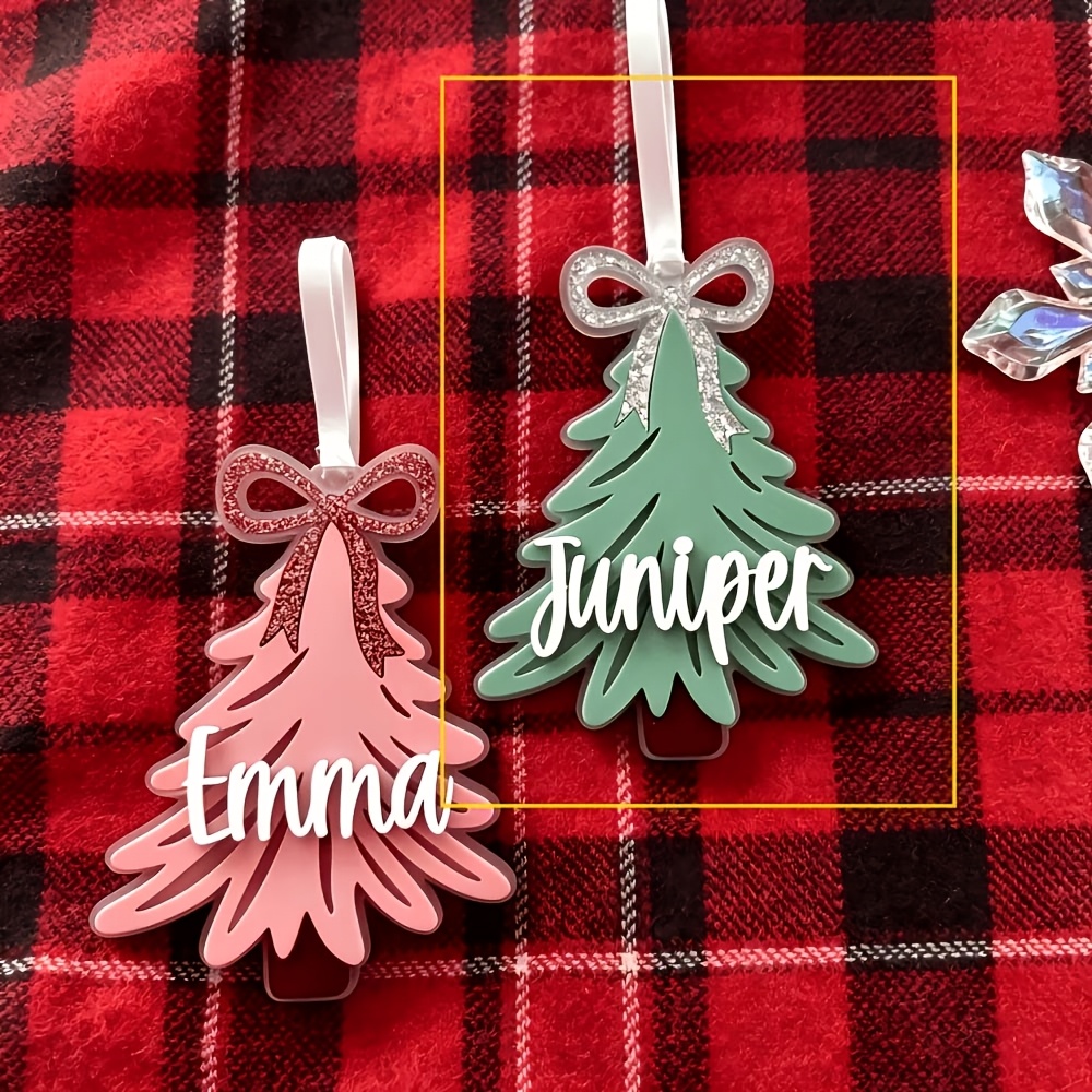 TEMU 2d Flat, 1pc Of Personalized Acrylic Name Christmas Tree-shaped Tag, Personalized Bow Christmas Tree Tag, Name Christmas Tree Topper Decoration