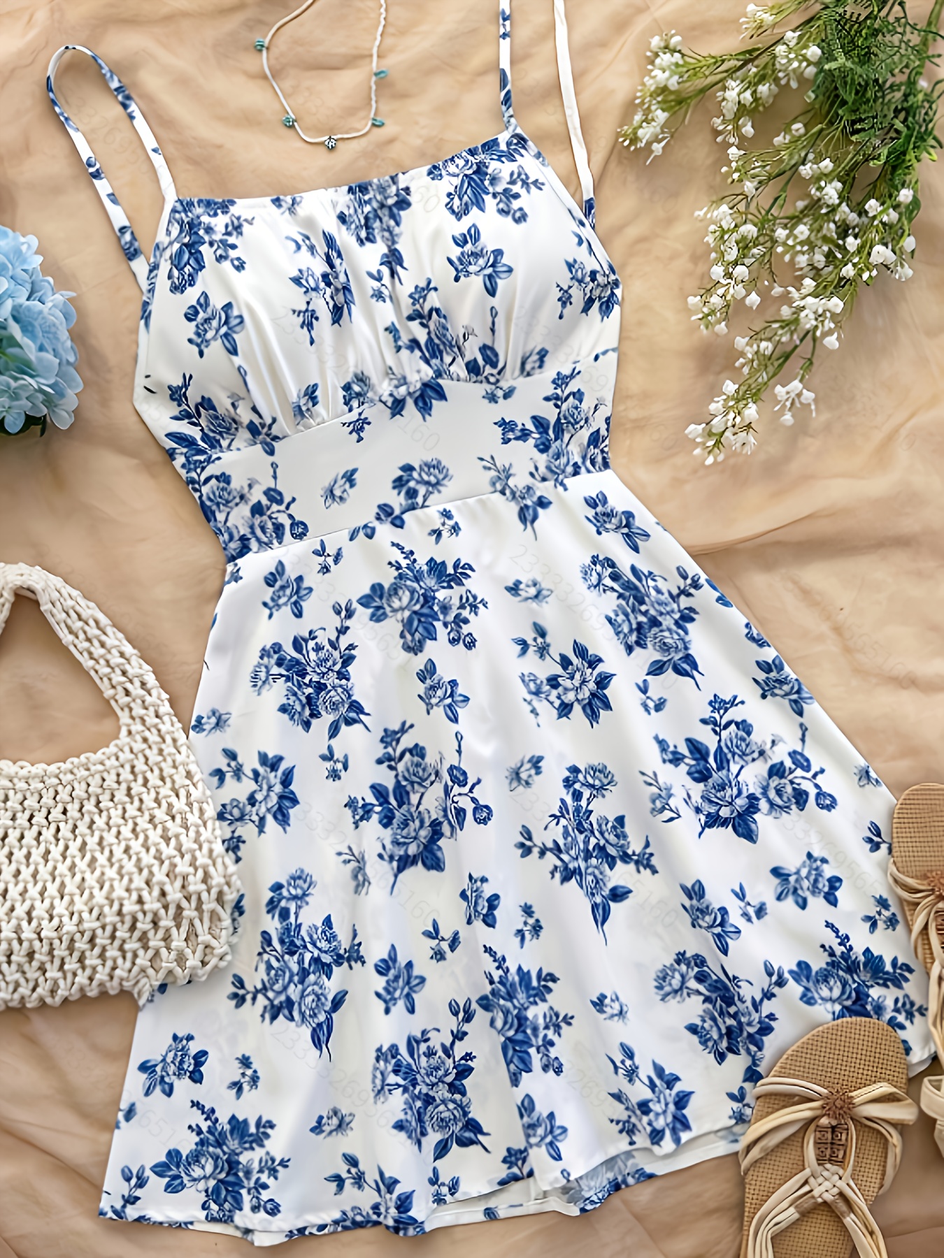 blue mesh sleeve dress White and Blue Floral Fit and Flare Mini Dress