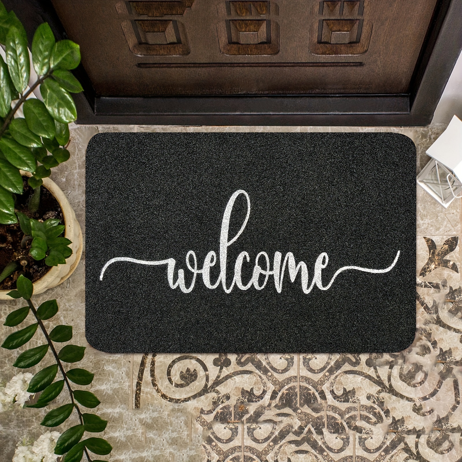 

Welcome Home" Non-slip Polyester Doormat - , Easy Clean, Ultra Absorbent Black Entrance Rug With Rubber Backing For Indoor/outdoor Use