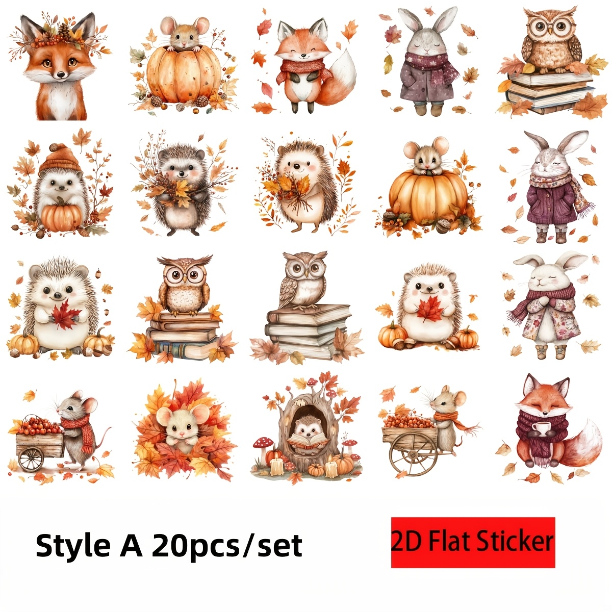 TEMU 20pcs/Set Autocollants 2D Plats Créatifs Automne Forêt Feuille d'érable Série Animaux Faits Main Autocollants de Coupe Livre Décoration Bagage