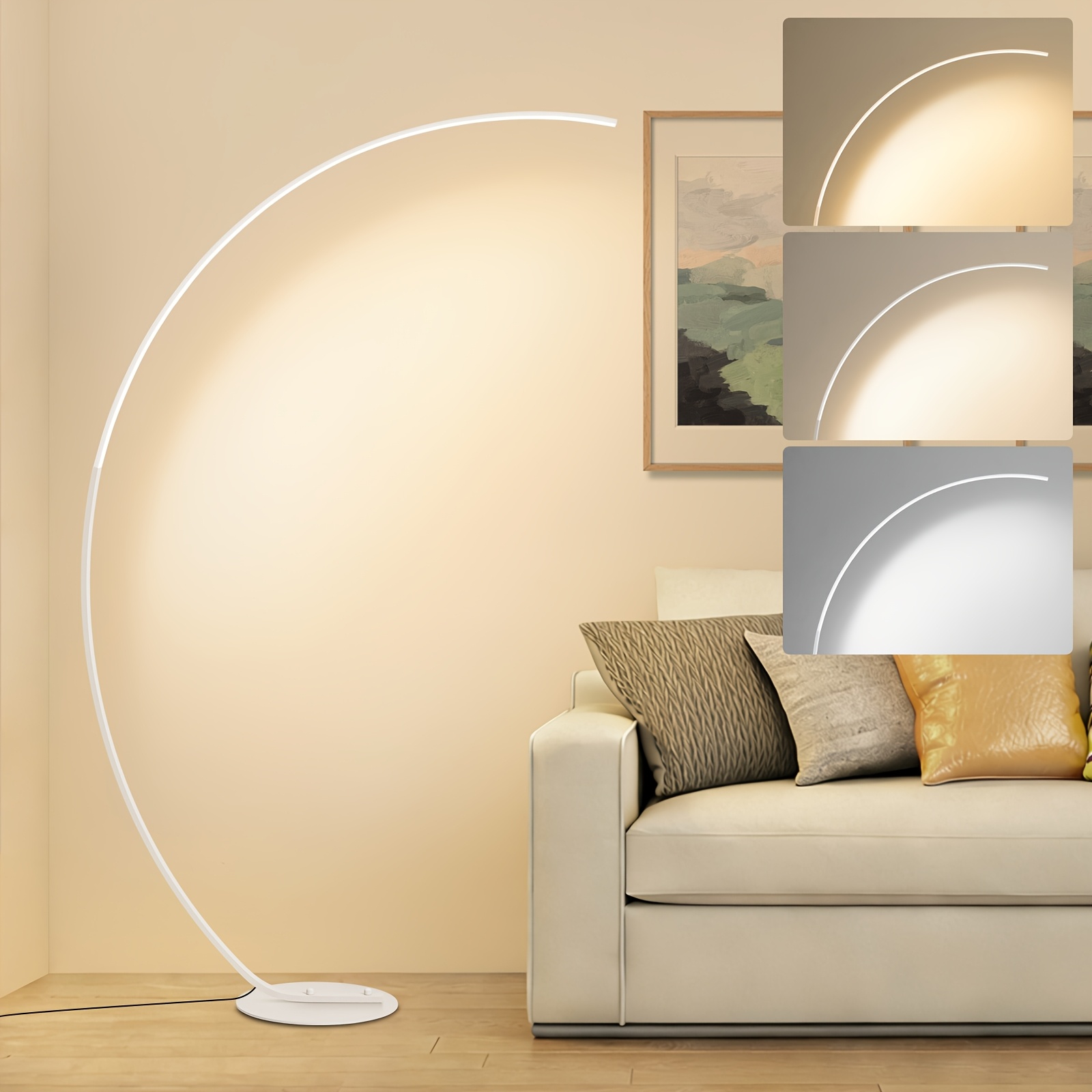 Image of Modern White Arc Floor Lamps For Living Room, 3 Cct And Dimmable Standing Floor Lamps, Led Tall Corner Floor Lamp With Remote, Timing Reading Floor Lamp For Bedroom, Office, Study And Living Room