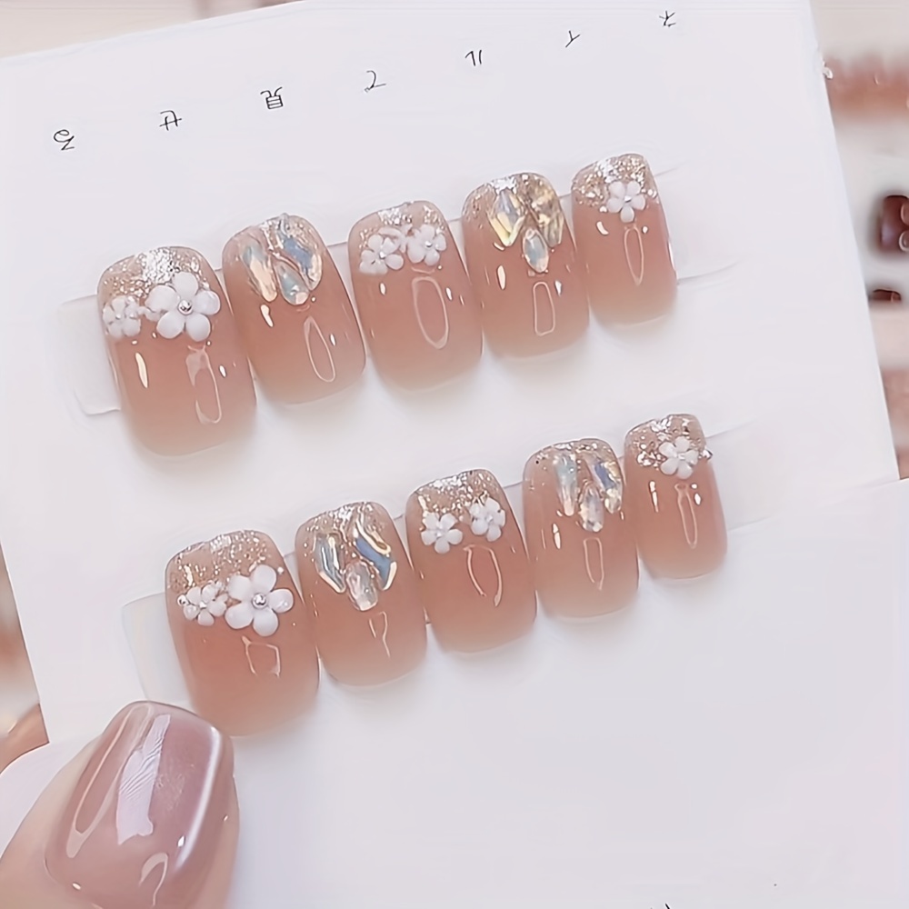 30pcs glossy   on nails with floral glitter designs extra short   reusable   nails with rhinestones for women   nail art nail accessories details 3