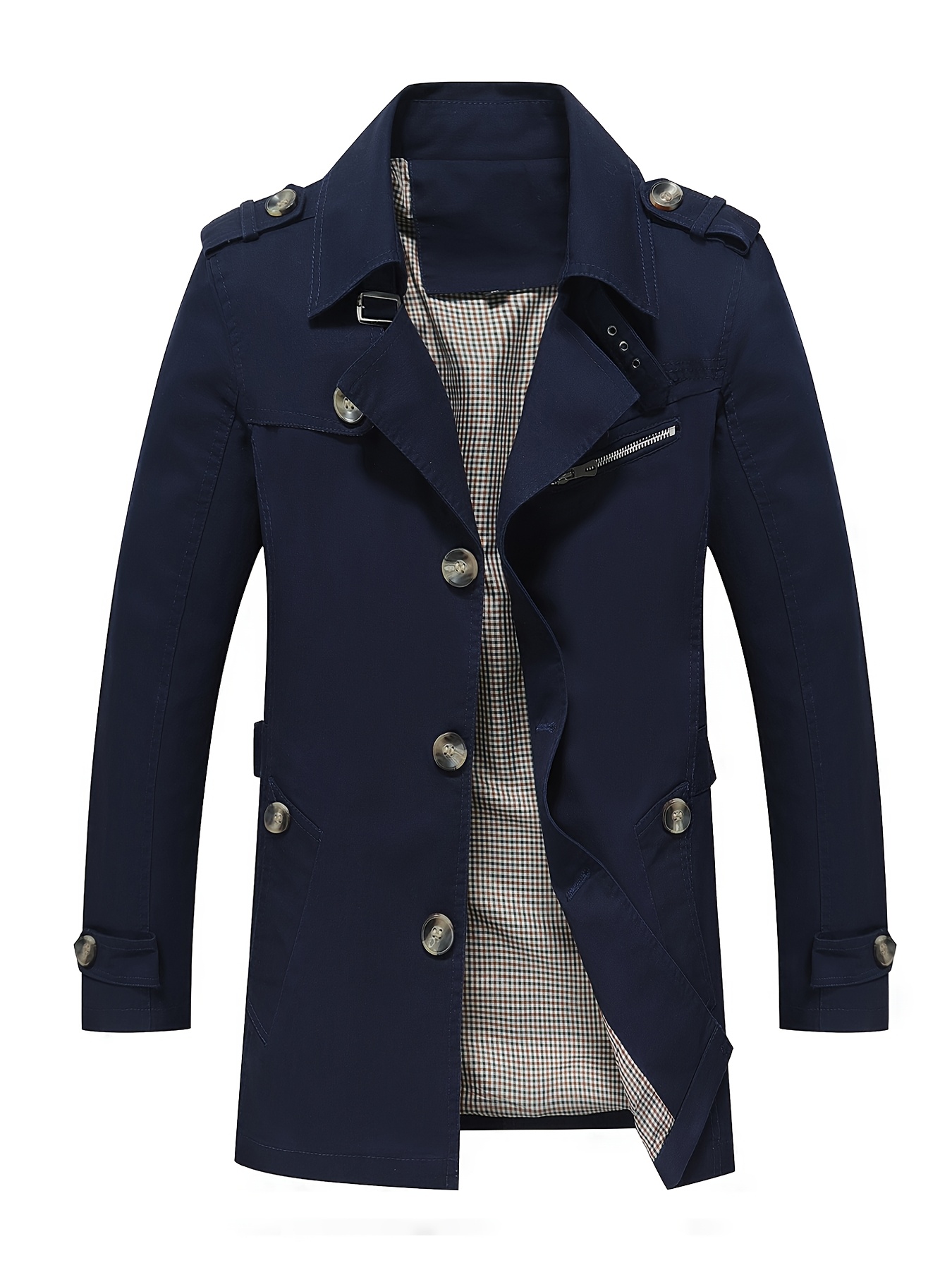 Men's Windbreaker, Men's Mid-Length Trench Coat with Turn- Collar, Casual Sport Windbreaker Jacket, Fashionable Minimalist Style, Multi-Button Design, Suitable for Outdoor Outings and Street Shopping