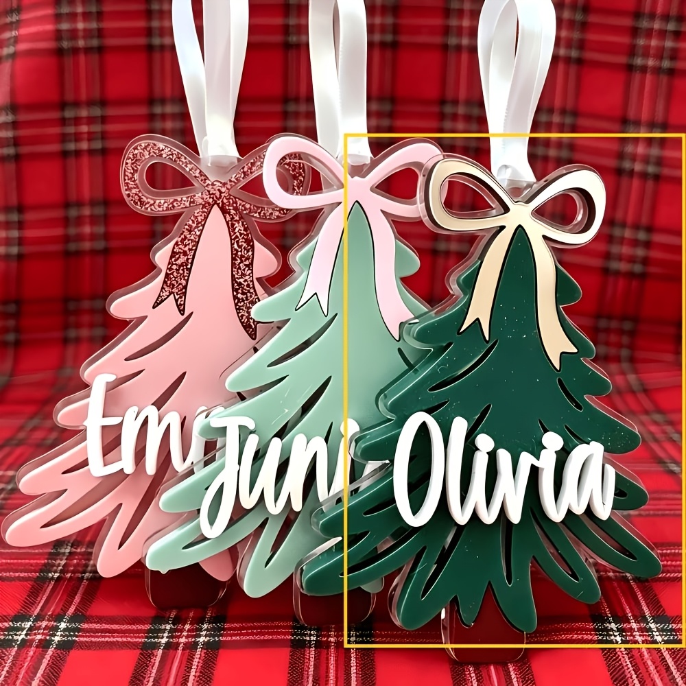 TEMU 2d Flat, 1pc Of Personalized Acrylic Name Christmas Tree-shaped Tag, Personalized Bow Christmas Tree Tag, Name Christmas Tree Topper Decoration