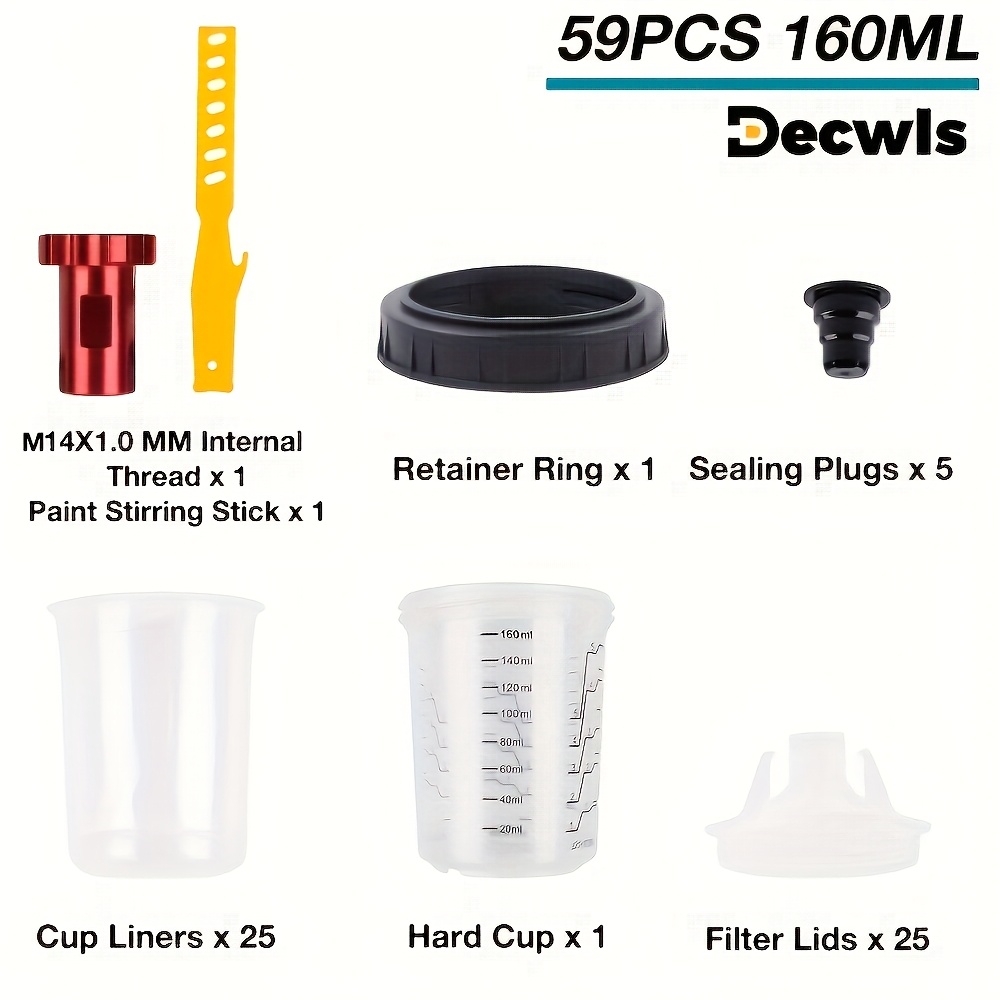 Image of 59pcs/set 160ml Disposable Paint Spray Gun Cups Liners And Lid System And 1 M14*1.0 Adapter, Professional Replaceable Non-washing Paint Sprayer Mixing Cup, Suitable For Car Spray Painting