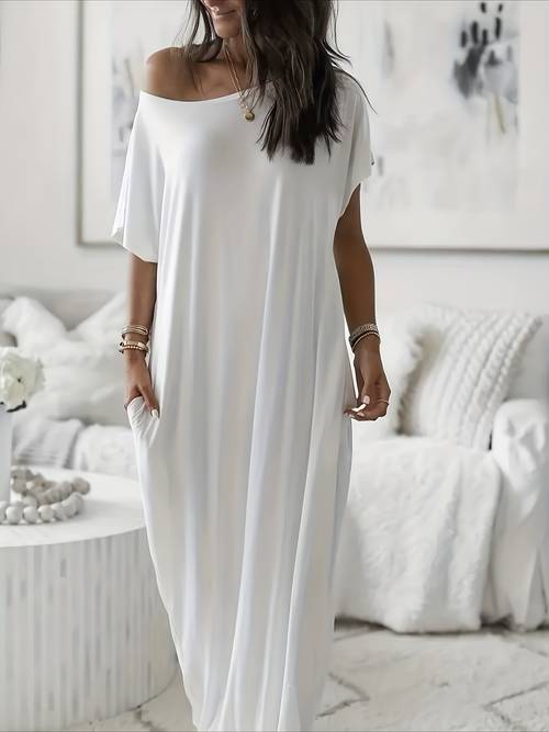womens fashionable round neck loose fit long sleeve short sleeve long nightgown with pockets
