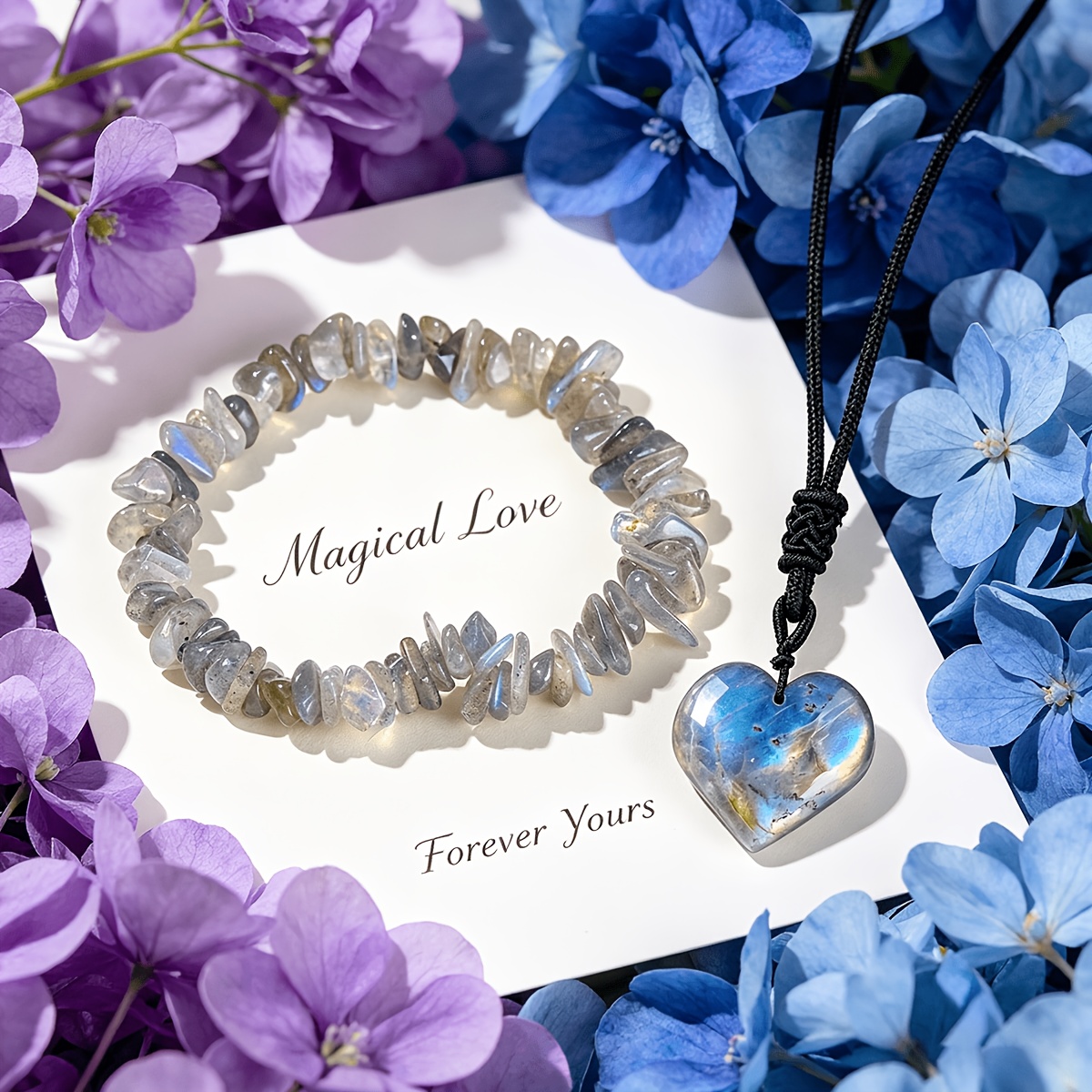 Natural Labradorite Heart Pendant & Chip Bracelet Set, Luxury Gift