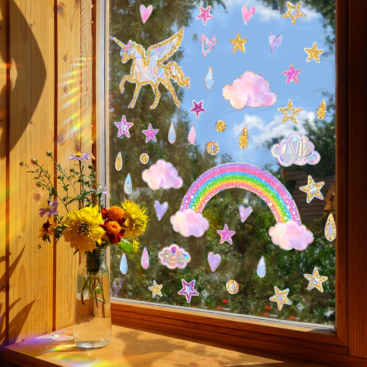 

1 Set Of 2sheets Rainbow Unicorn Star Raindrop Stickers Glass Window Wall Stickers Window Stickers Pvc Sticker Home Decor