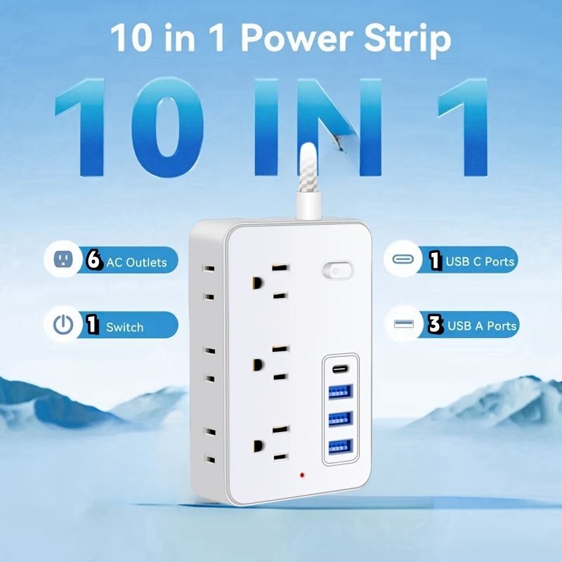 

5-foot Ultra-thin With 6 Outlets And 4 Usb (including 1 Usb C), Protector , Wall-mounted, Essential For Desktop Charging In Offices, Schools, Travel, And Dorms, In White.