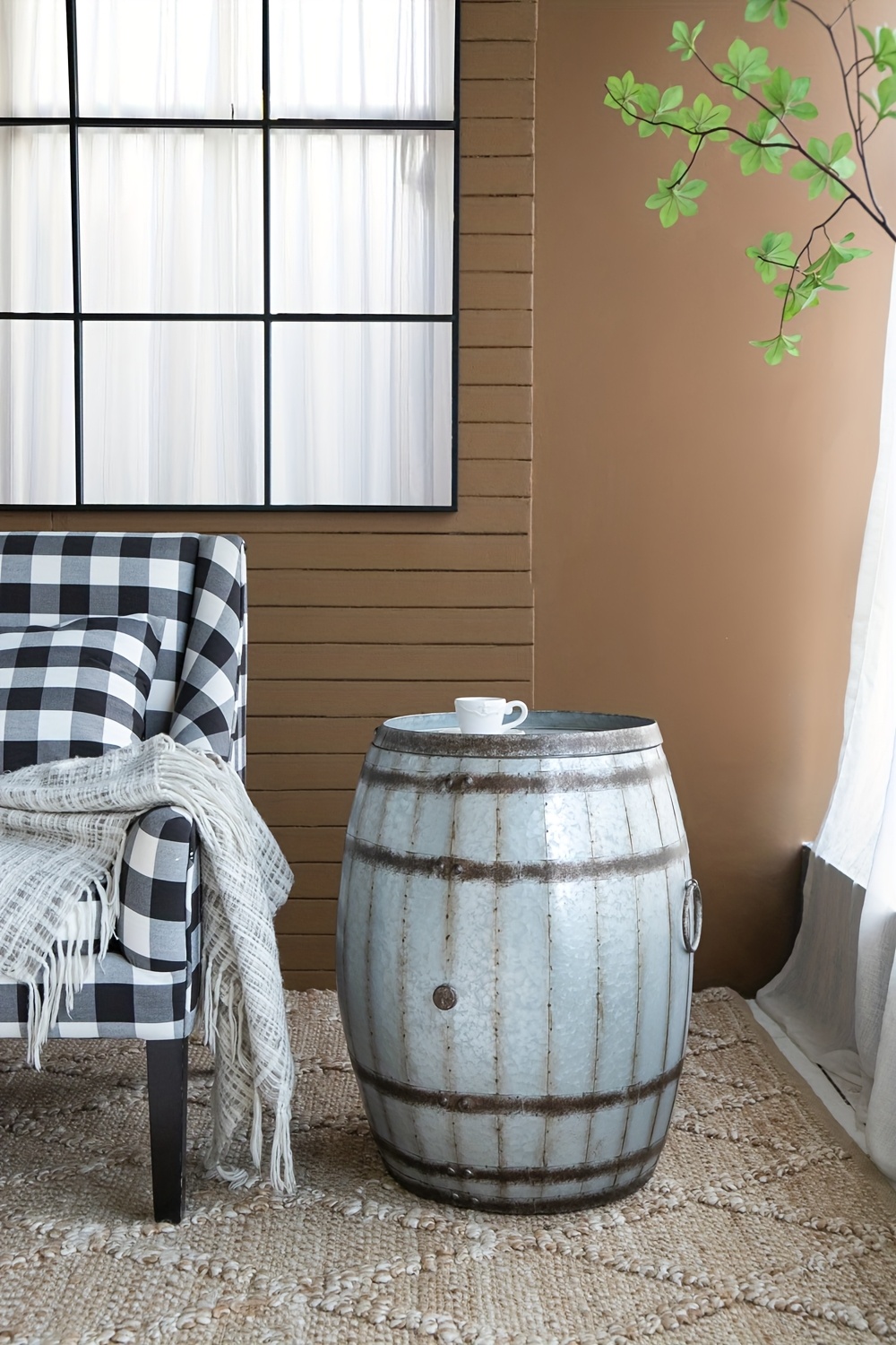 Barrel Shaped Side Table, Wine Cabinet, Coffee Table with Storage Space, Western Cowboy Style, Sturdy Metal Cast Small Coffee Table, Suitable for Sofa Side, Study, Living Room, Backyard Garden Terrace